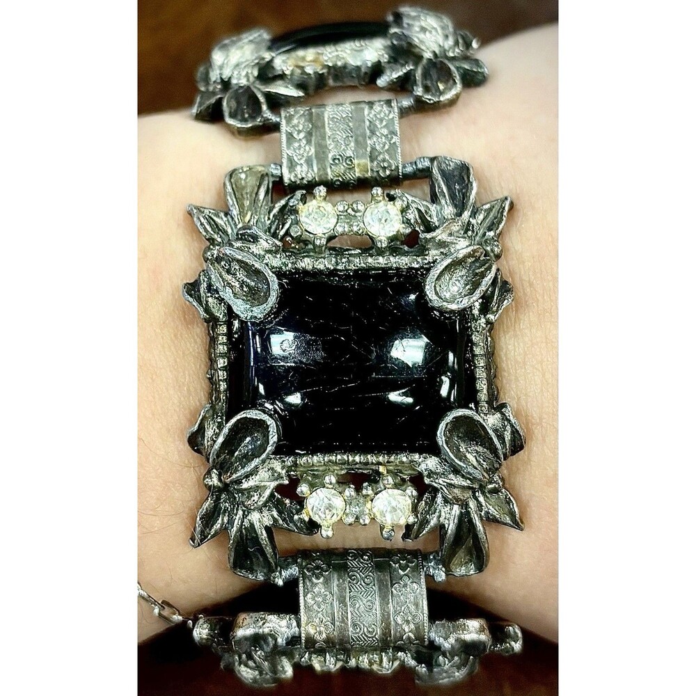 VTG Black Glass Panel Bracelet Silver Rhinestone Ornate Gothic Chunky Statement